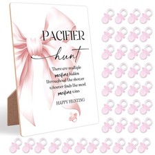 Pacifier Hunt Baby Shower Game, Pink Bow Wood Sign with Stand and 50 Mini Pac...