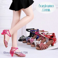Girls Women's Ballroom Latin Dance Shoes Rhinestone Low Heel Salsa Tango Shoes