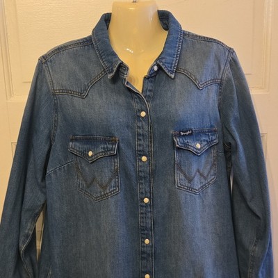 Wrangler Retro Ladies L Blue Cotton Denim Long Sleeve Button-Up Dress.