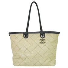 CHANEL On The Road Wild Stitch Leather Shoulder Tote Bag Beige Silver