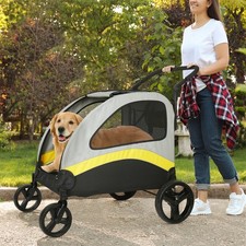 Dividered Two Dogs Stroller One-key Folding Pet Carrier with Shock-proof Wheels