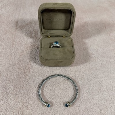 David Yurman Albion Ring Größe 7 Blautopas Diamant Sterling Kabel Armband Set