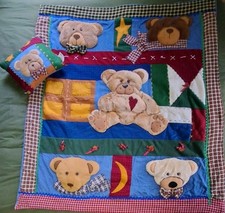 Vintage Teddy Bear Quilt Pillow Set 3D Applique Patchwork Nursery Bedroom Decor