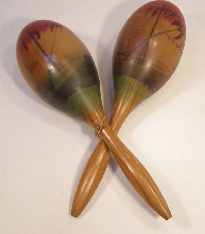 VINTAGE PAIR TURNED WOOD WOODEN MARACAS TRINIDAD & TOBAGO PERCUSSION SHAKERS