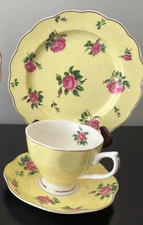 Brew To A Tea Yellow & Pink Roses Floral TEA CUP & SAUCER Matching 8" Plate BTaT