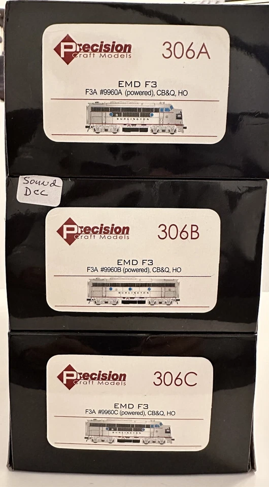 Precision HO 306 CB&Q EMD F3 Ph2a A/B/A Set Sound/DC/DCC, A/B Laned Up Foto 2 de 4
