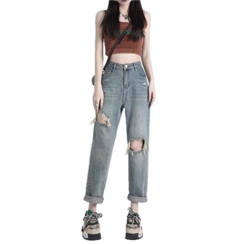Womens Ripped Jeans High Waist and Loose Fit Denim Pants with Pockets Cropped Le