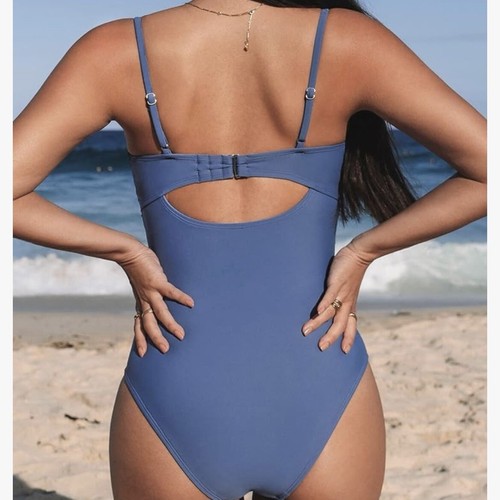 One Piece Blue Swimsuit with Ruched Twist Front Tummy Control - Picture 2 of 6