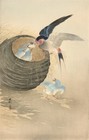 Japanese Art Repro Print "Swallow Feeding Babies in Nest" OHARA KOSON Shin Hanga
