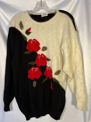 Signe Incognito Mohair Wool *WHITE*BLACK SWEATER~S/M~Chenille Red Roses