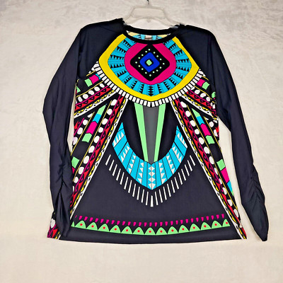 Reebok Shirt Womens Large Compression Aztec Southwestern Print Black All Seeing