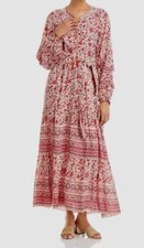 Maxi Vestido Bell Para Mujer Rosa Floral Cuello en V Calado Cuello Redondo Talla XS
