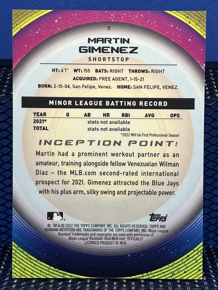 2022 Bowman Inception MARTIN GIMENEZ Toronto Blue Jays Initiation Base 11 - Image 2 of 2