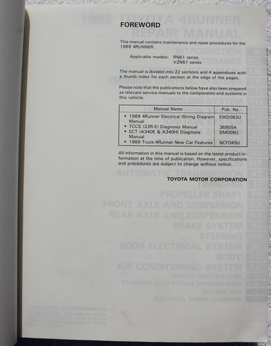 1989 Model Toyota 4 Runner 4Runner Repair Manual Printed in Japan - Picture 7 of 11