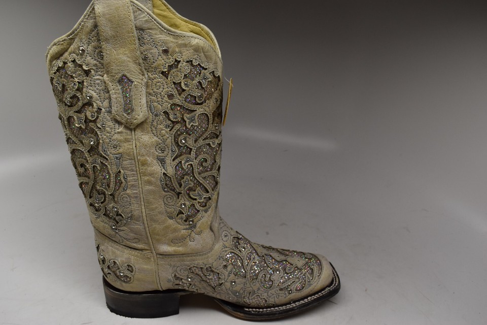 Corral Boots A3397 Ladies White Square Toe Western Boot - Glitter Inlay With Crystals - Medium Width