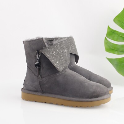 Ugg Womens Classic Caviar Mini Boot Size Gray Suede Sherpa Sheepskin  Bootie