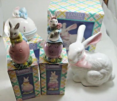 LOT 4 EASTER CELEBRATION Figurines Bunny Bunnies  Covered Egg Dish Ceramic 1960'