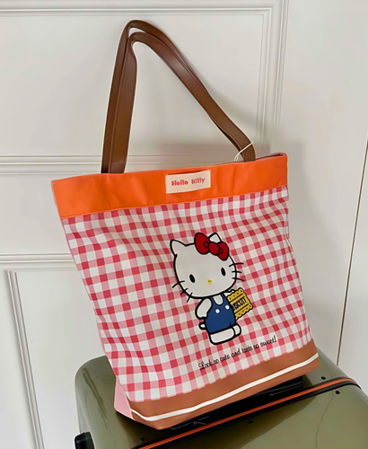 Sanrio Hello Kitty Gingham Tote Bag Large Embroidered Check Spring Shoulder Bag - Picture 9 of 21