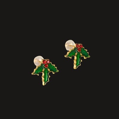 Petite Christmas Holly Post Earrings - 18k Gold Plated Surgical Stainless Steel