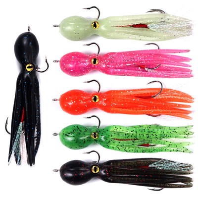 5 PCS Squid Soft Fishing Lure Lead Head Jig 3D Eyes Glow Octopus Bait 11cm/21g 