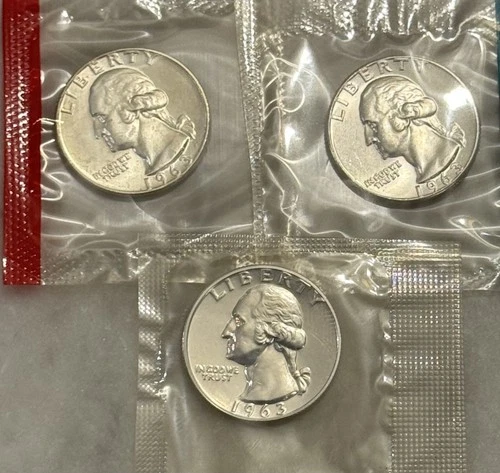 1963 PPD Washington Quarter - 90% Silver - 3 Coin Proof & BU - Mint Cello