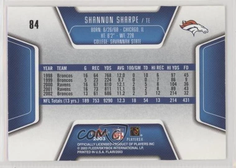 2003 Flair Shannon Sharpe #84 HOF - Image 2 of 2