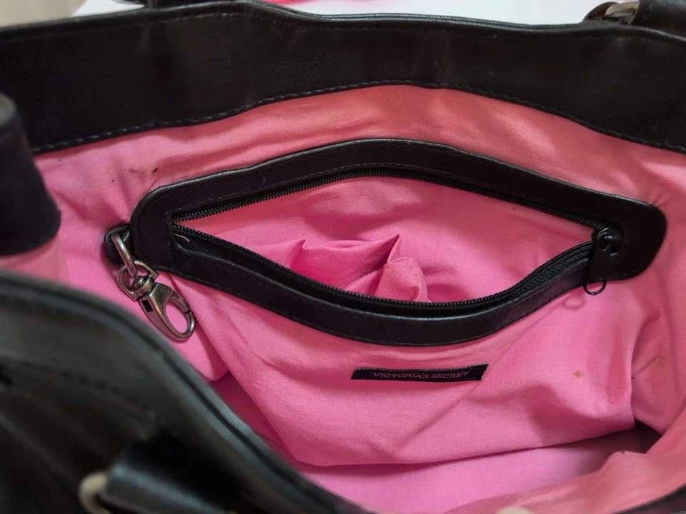 VTG Victotoria's Secret satchel black leather purse bag tote pink lining used - Image 4 of 4