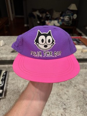 Vintage 90s Felix The Cat Purple & Neon Pink Nylon Strapback Hat Cap Cartoon NOS