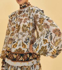 New Farm Rio Floral Lg Jacquard Blue Gold Thread Tie-Neck Silky Relaxed Blouse