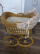 Vintage Large 25 Inch Baby Doll Carriage Buggy Lace Canopy Wicker Metal Working
