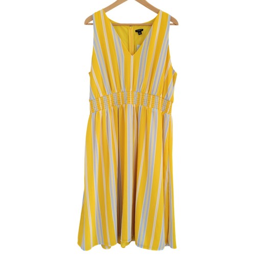Ann Taylor Petite Midi Dress Womens XLP Yellow White Stripe Smocked Waist
