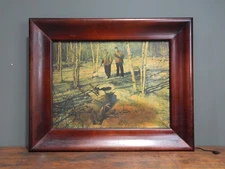 Vintage Lighted Framed Picture No Hunting Sign Scene outdoor Deer Hunter Antique