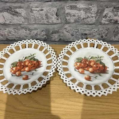 2 VINTAGE KERAMIK SPITZENTELLER DURCHBOHRTER RAND BAYERN SCHUMENN Kirschen 