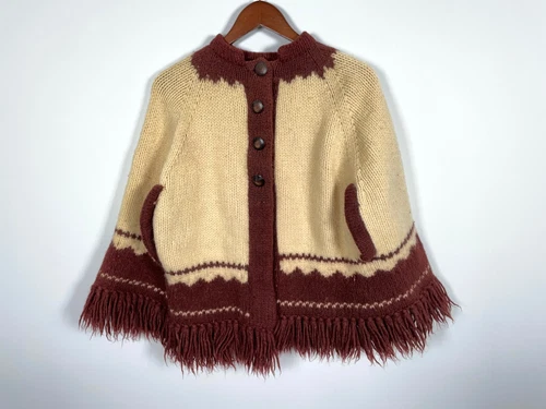 Hand Knit Wool Fringe Poncho Women's One Size Beige Brown Geometric Boho VTG