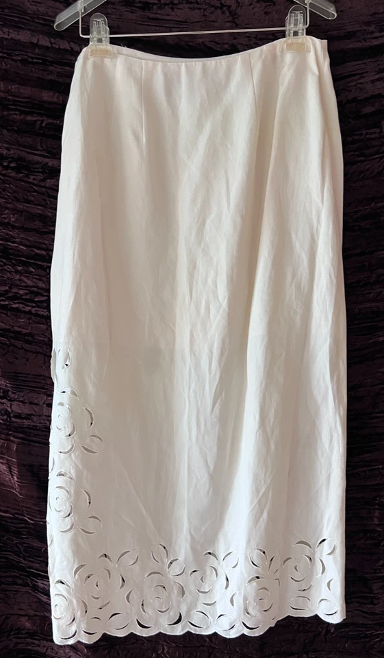 Falda Dana Buchman seda/lino recortes láser abertura lateral marfil talla 12 pequeña Foto 2 de 4