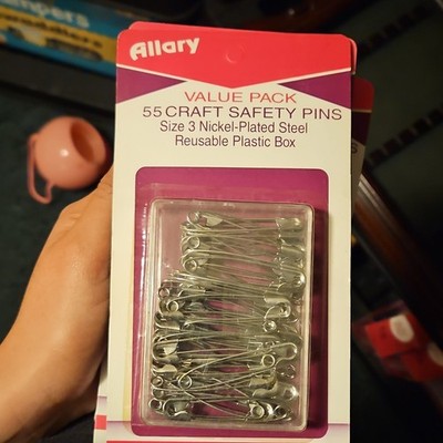 Allary 55 Safety Pins Size 3 Nickel-Plated Steel Reusable Plastic Box
