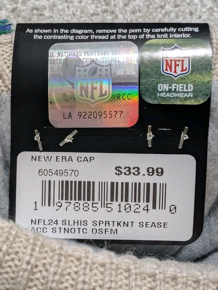 Chapéu gorro de malha 2024 NFL histórico em campo Seattle Seahawks New Era com pom novo com etiquetas - Imagem 3 de 4