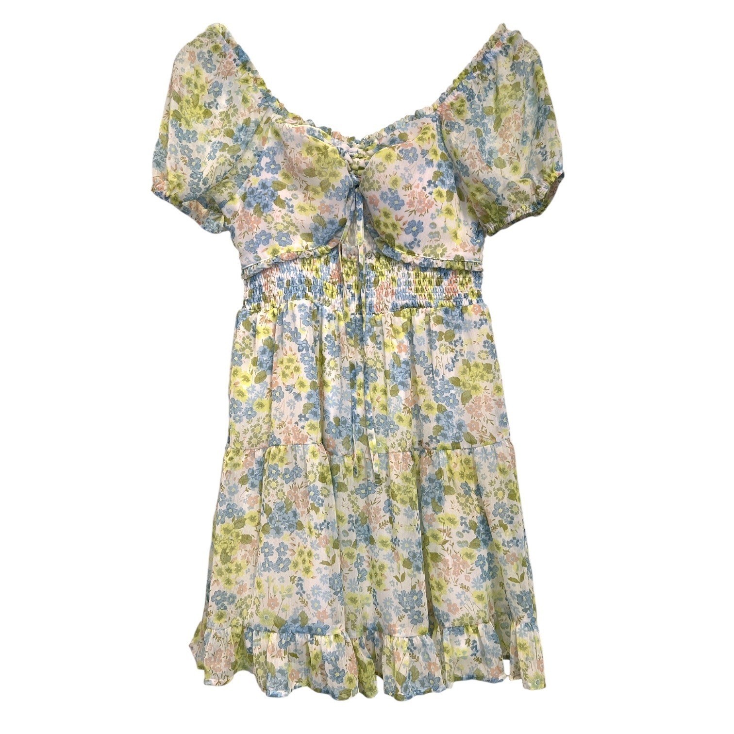 Madden NYC | Floral Boho Milkmaid Mini Dress Puff Sleeves Sz L Cottage Coquette