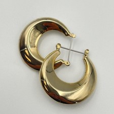 Vintage Gold Tone Wide Chunky Hoop Earrings Glossy Crescent Puffy Dome Closure