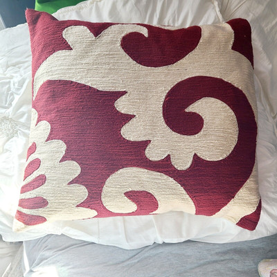 POTTERY BARN Brick Red Cream Swirl FLORAL Pillow + Cover 19 x20''