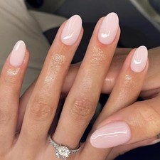 Pastel Light Pink Press on Nails Short Oval, Glossy Soft Gel Fake oval pink