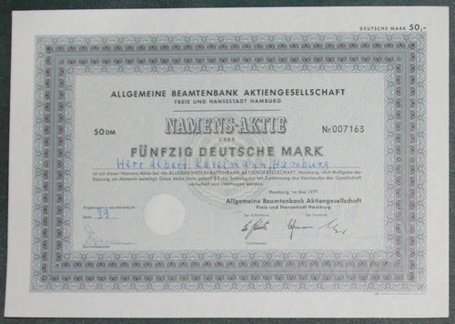 Allgemeine Beamtenbank Aktiengesellschaft 1971 50 DM registered share not cancelled