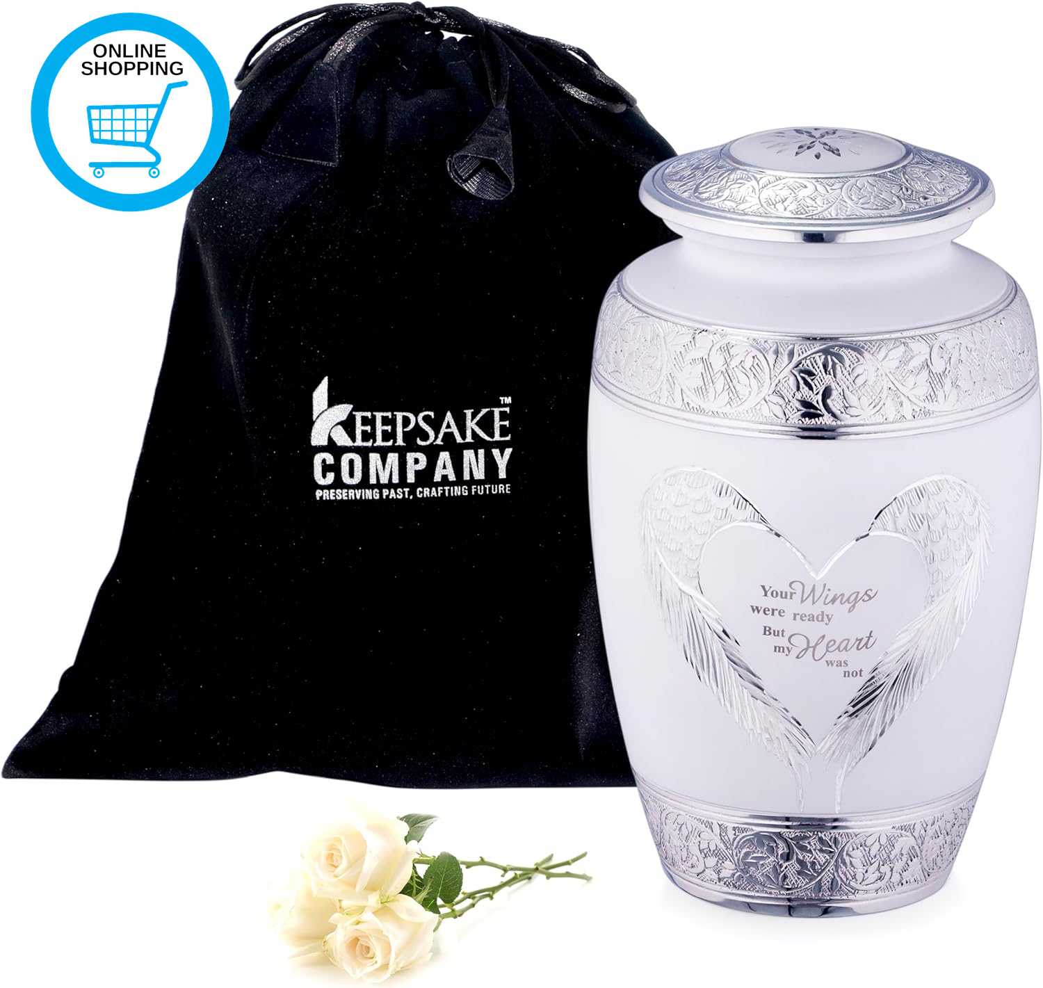 White Large Cremation Urns for Adults Ash - Angel Wings and Heart Design - Perfe