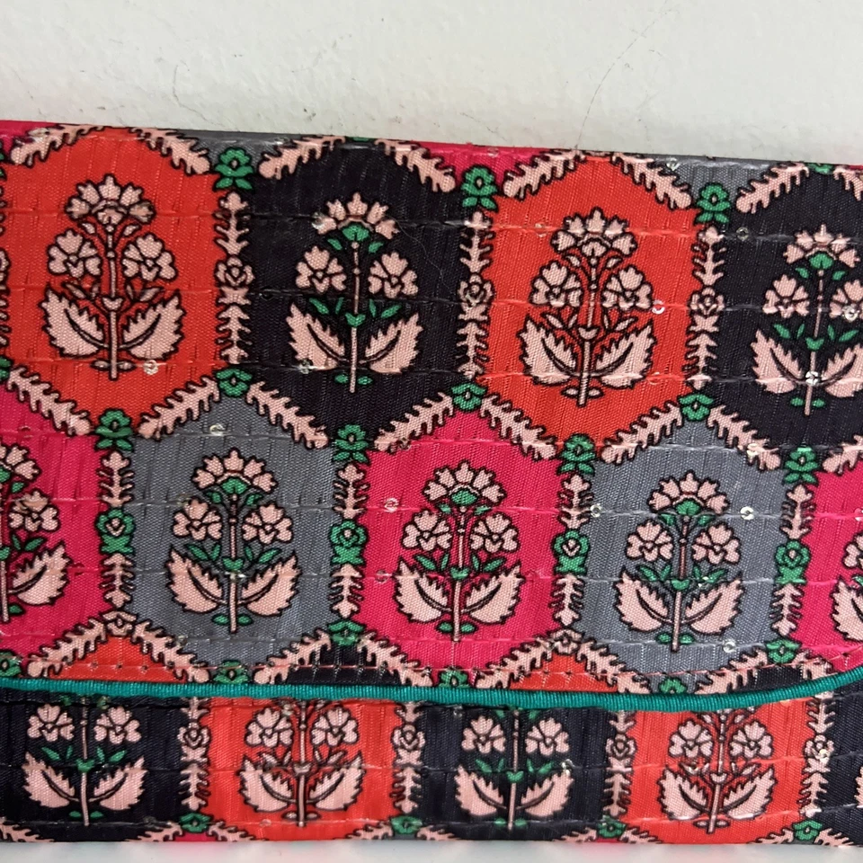 Flower Silk Fabric Clutch Wallet Green Pink Sequin 8"x4.5" Floral Fancy Envelope - Image 2 of 4