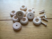 10x Wooden toy wheels + axles. Wooden wheels 1 1/2" (38mm) with recessed hub.