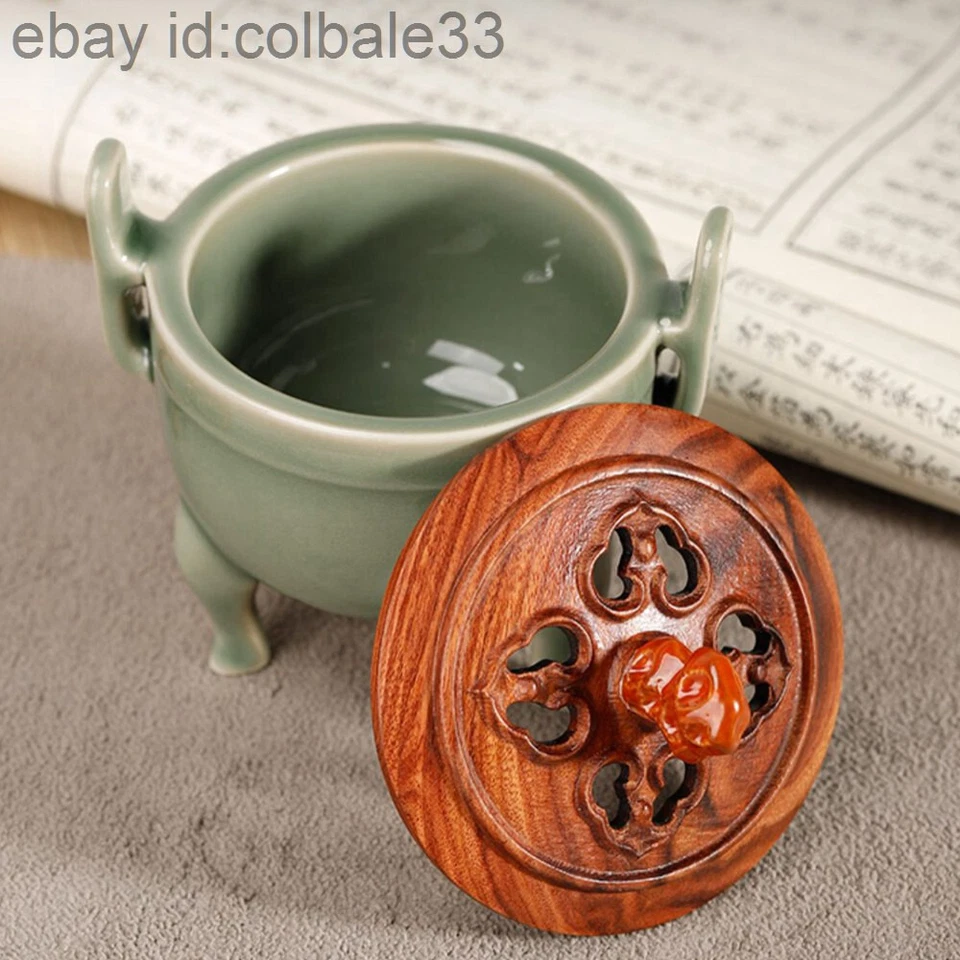 Quemador de incienso de cerámica chino tapa de madera Celadon incensario de tres patas Foto 4 de 4