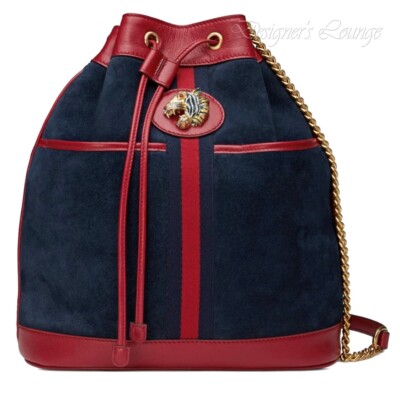 NEW GUCCI RAJAH Navy Blue Suede Red Leather WEB Tiger Chain Bucket Bag $1,980
