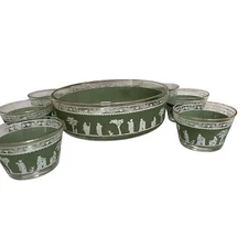 Vtg  Green  Jeanette Glass Co.  Hellenic 9 Pc Bowl Set MCM Greek Roman