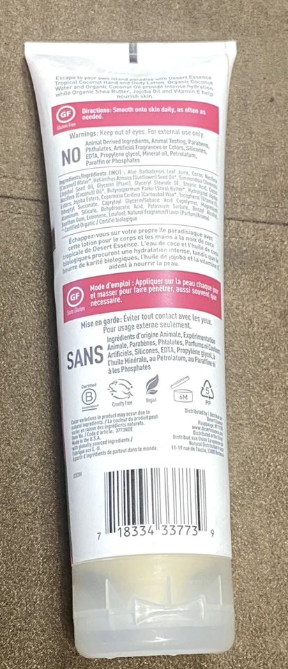 Loción relajante tropical para manos y cuerpo Desert Essence Organics coco 8,0 fl oz Foto 4 de 4