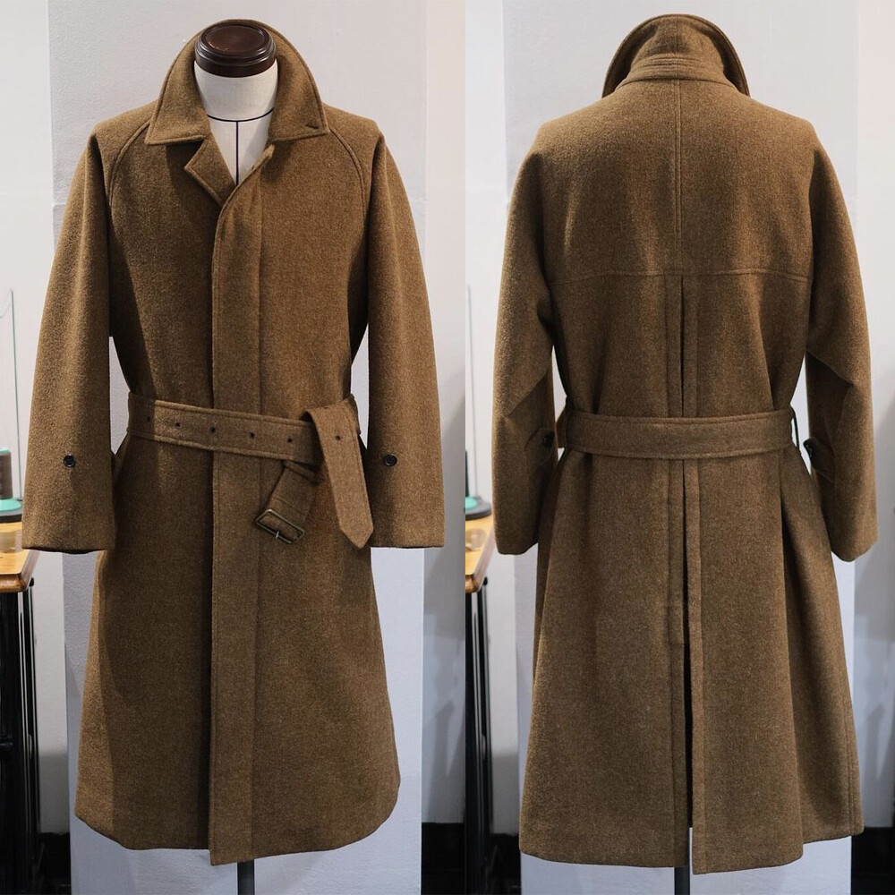 Brown 100% Cashmere Men's Long Overcoat with Belt No Button Business Formal Coat